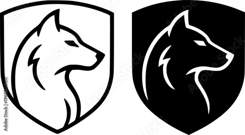 Wolf in shield illustration, outline and silhouette, for animal or wildlife logo design