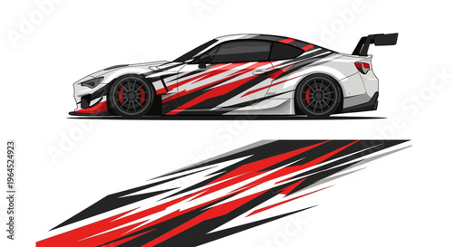 White sports car with red and black racing decals and bold graphic stripe design.