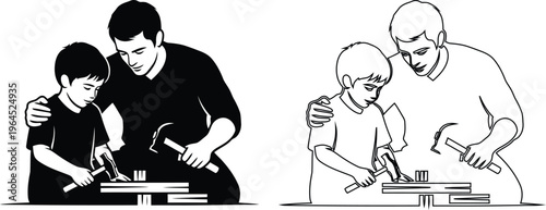 Father teaching young boy woodworking with hammer and nails