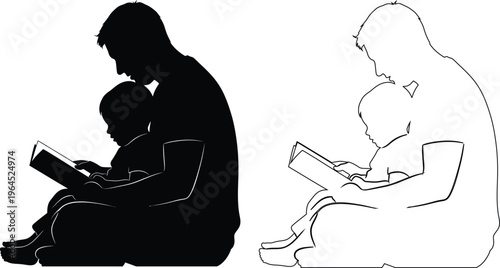 Parent reading book together with child in cozy setting illustration