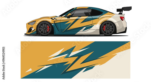 Front and side view of a stylized race car with bold graphic livery in teal yellow.