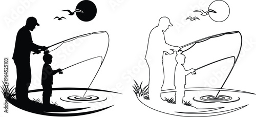 Father teaching child how to fish outdoors by a pond