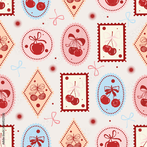 Cherry Postage Stamp Seamless Pattern in Cute Retro Style