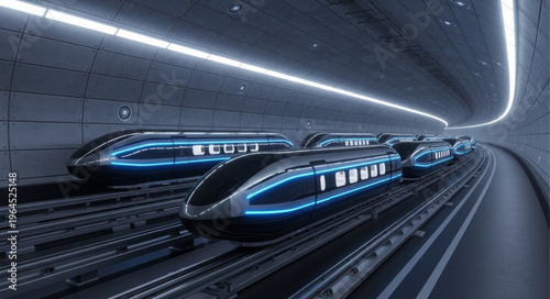 Futuristic High-Speed Train in a Sleek Underground Tunnel.