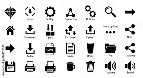 A collection of various computer icons and symbols for user interface elements.