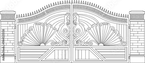 Ornate wrought iron gate silhouette, decorative architectural vector illustration, classical design artwork, brick pillar shadow graphic, elegant fencing icon, ornamental entrance structure