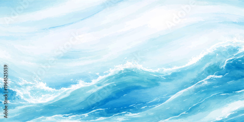 Abstract blue water surface and waves reflect a clear summer sky with bright white fluffy clouds in a beautiful nature cloudscape