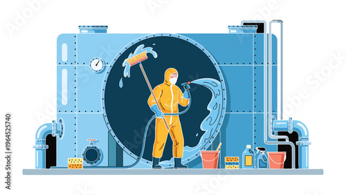 Cleaning Industrial Tanks: A sanitation worker, fully protected in a hazmat suit, meticulously cleans a massive industrial tank, ensuring the facility's hygiene and safety with thoroughness.
