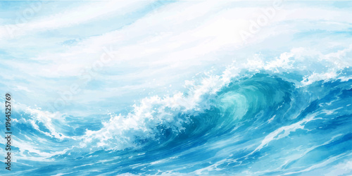 Beautiful summer landscape of a blue ocean wave under a bright sun and white clouds reflecting on the water surface against a clear horizon
