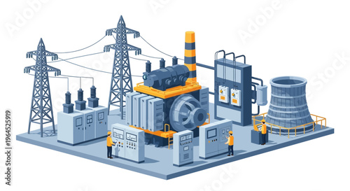 Isometric Power Plant and Electrical Substation with Engineers. Energy Generation & Transmission Infrastructure.