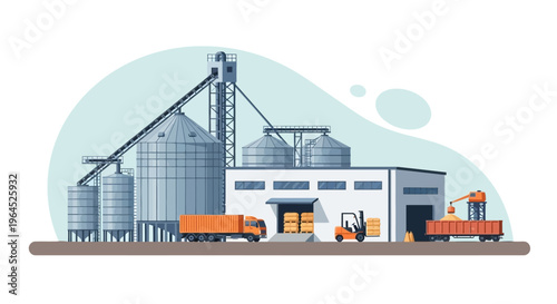 Modern Grain Elevator Facility: Silos, Warehouse, Truck, Forklift & Train Car. Agricultural Logistics, Crop Storage & Processing Plant Illustration