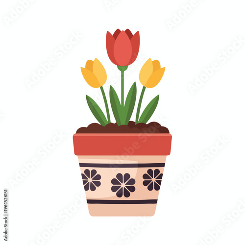 Colorful Tulips in a Decorative Flower Pot for Spring Gardening or Home Decor