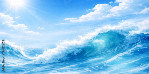 A beautiful summer day featuring a clear blue sky with white clouds over the calm sea, capturing the natural beauty of a bright sunlight atmosphere and high cloudscape