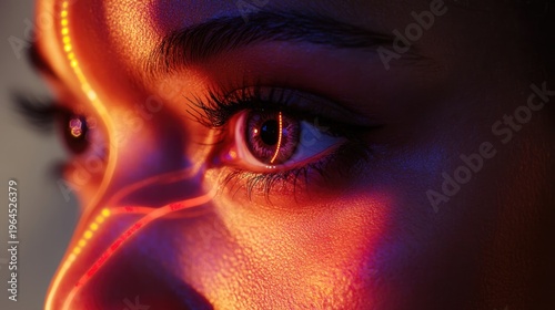 Close-up shot of a woman's eye with digital laser light lines, vision and health technology concept