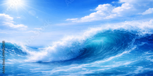 A beautiful summer day features a bright sun reflecting over the blue sea and ocean waves under a white cloudy sky where the horizon meets nature in a light abstract landscape of heaven