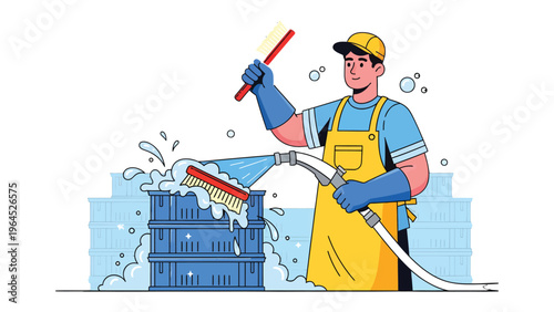 Cleaning Service in Action: An illustration captures a dedicated cleaner meticulously washing a container, emphasizing cleanliness and sanitation. 