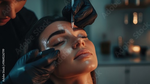 Close-up shot of a woman receiving a cosmetic beauty injection in her forehead for skincare treatment