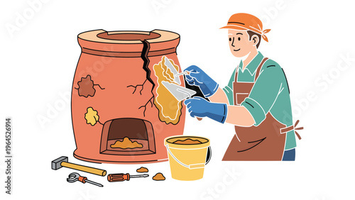 Restoration Work: An artisan meticulously repairs a cracked brick oven, ensuring its function and beauty endure.