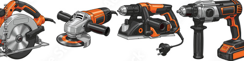 Power tools vector illustration, circular saw, angle grinder, electric planer, cordless drill, woodworking equipment, construction tools, DIY projects, metalworking