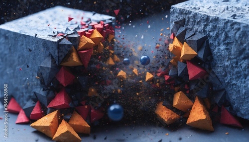 explosion of colorful geometric shapes between concrete blocks