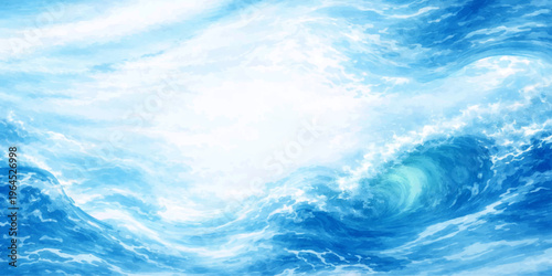 A serene summer landscape of blue ocean waves under a bright sun and white clouds reflecting off the water surface along the horizon