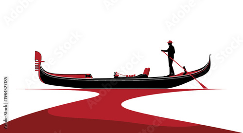 Silhouette of a gondolier and his boat in Venice. A red stream appears as the water