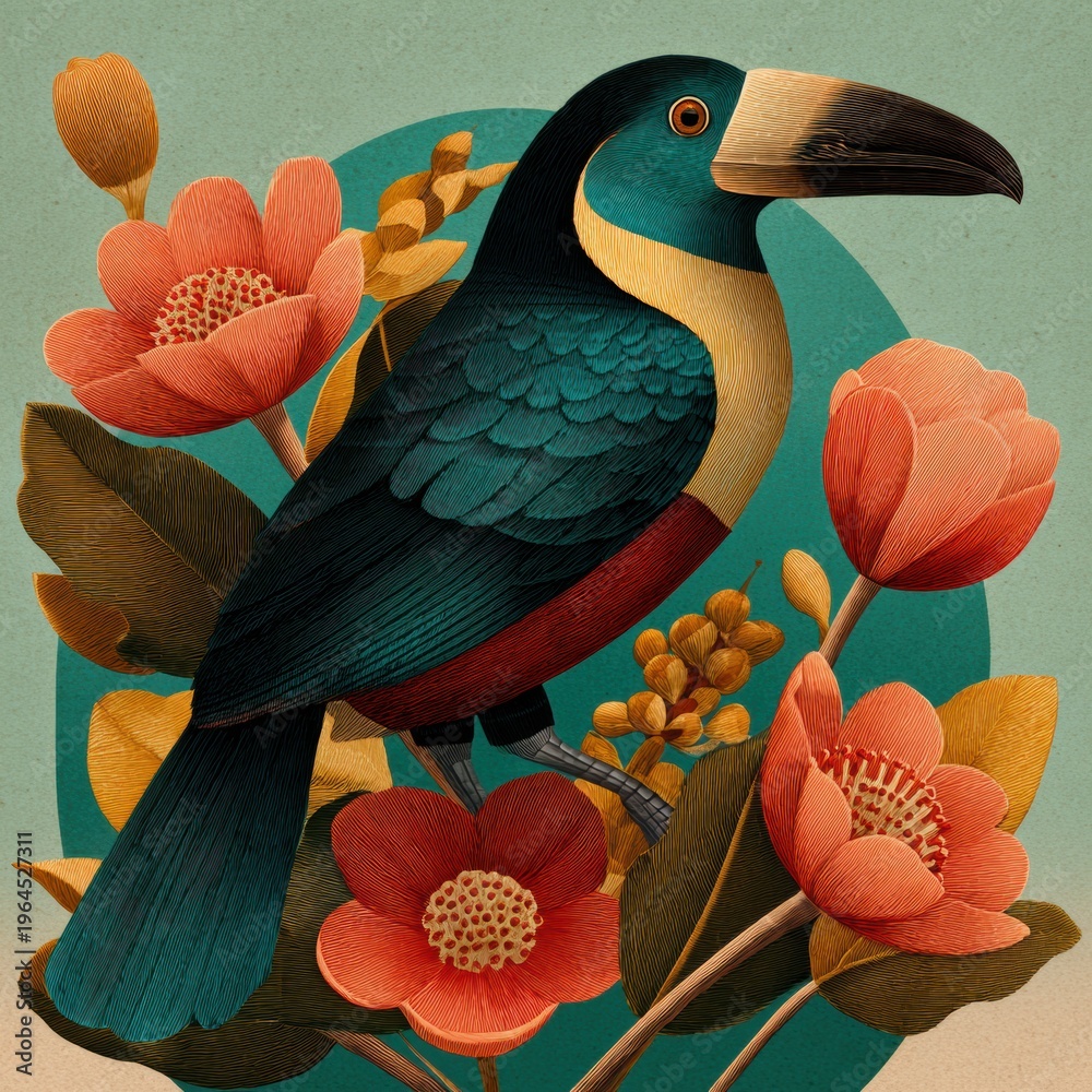 Naklejka premium Bright Tropical Illustration Featuring a Bold Toucan Among Leaves and Flowers in a Retro 1950s Tiki Bar Style With Vibrant Colors