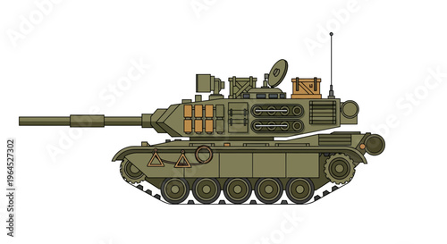 A side view illustration of a military tank, olive green, with a long cannon, and details