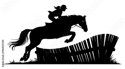 Horse rider silhouette jumping over an obstacle, equestrian athlete competing in show jumping or cross country event, Horse jumping vector