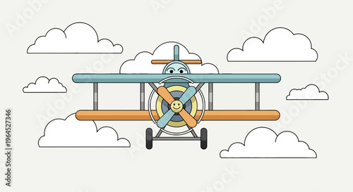 Cartoon biplane with a smiling face propellor flying among white puffy clouds