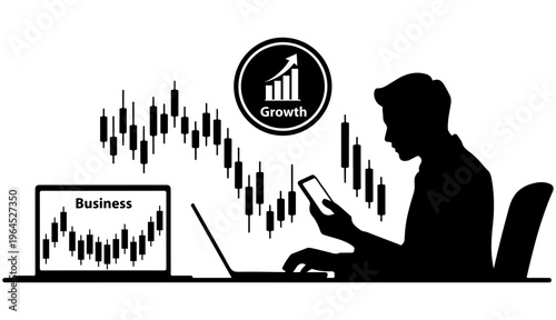 Businessman silhouette analyzing stock market charts on laptop and smartphone, financial growth and trading data for professional investment concepts with vector illustration