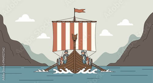 A Viking longboat sails on water with mountains and clouds. Two figures in boat