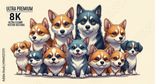 Corgi dogs family sitting together colorful illustration various sizes and colors beige background cute expression