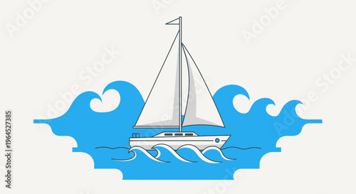 A minimalist illustration of a sailboat sailing on blue waves against a white background