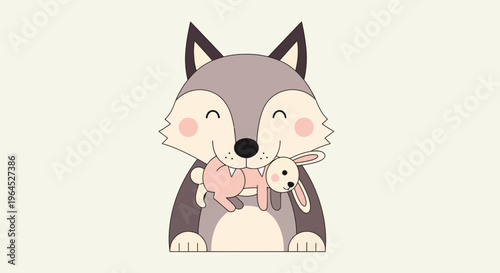 A cute wolf holds a small pink bunny in its mouth, both smiling on a soft background