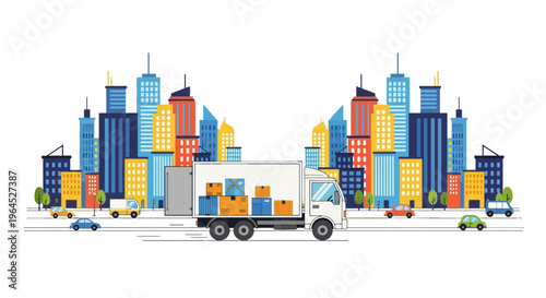 Illustration of a truck filled with boxes in a city setting, with colorful buildings and vehicles