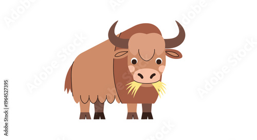 Cartoon-style illustration of a yak, front view, eating hay, with simple shapes and colors