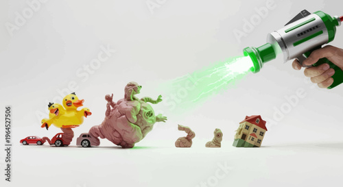 A toy-like scene of objects like a three-headed duck, blobs, and a house, attacked by a ray gun