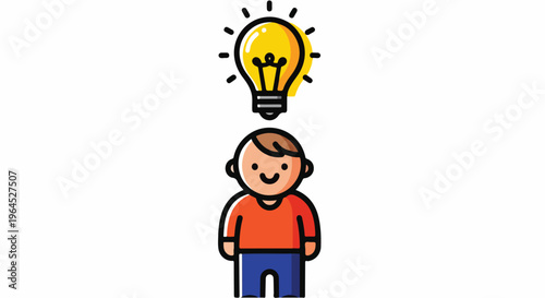 Happy Boy with Glowing Light Bulb Idea Over His Head Illustration