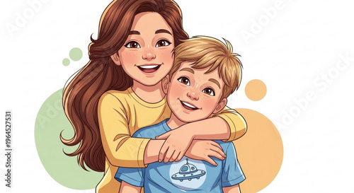 Smiling mother and son hugging with colorful background
