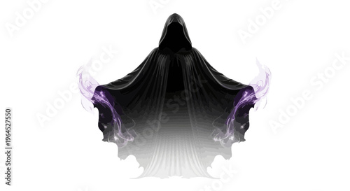 A cloaked figure with a hood, arms outstretched, emanating purple energy