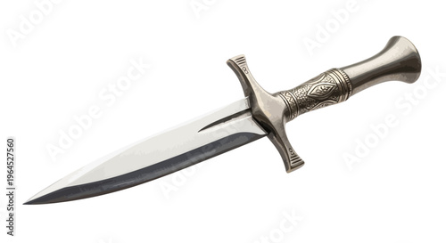 A detailed image of a dagger, showing its blade and ornate, silver handle, isolated