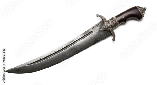 An ornate dagger, featuring a curved blade with etched design, detailed hilt, and a decorative guard