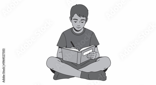 Boy Sitting Cross-Legged Writing and Reading a Book Illustration