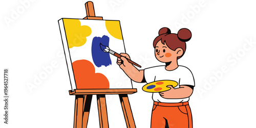 Young Girl Artist Painting on Canvas with Easel – Creative Hobby and Fine Arts Concept