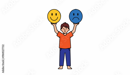 Boy Holding Happy and Sad Emoji Faces – Concept of Emotional Intelligence and Mood Regulation
