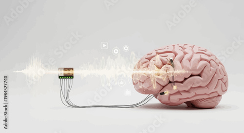Brain connected to a device; wires depict electrical activity, waves, and digital icons