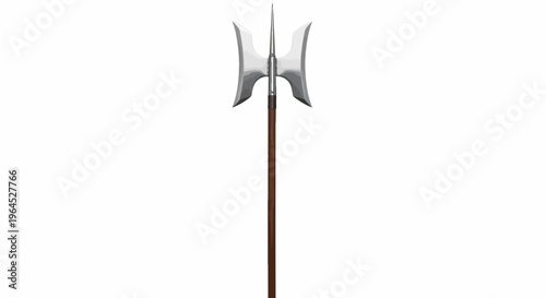 A medieval polearm, featuring a double-headed axe blade and long wooden shaft