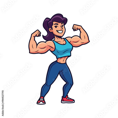 Cartoon muscular woman in fitness wear showing off her biceps