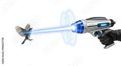 A futuristic laser gun firing at a bird mid-flight. The gun is held by a gloved hand